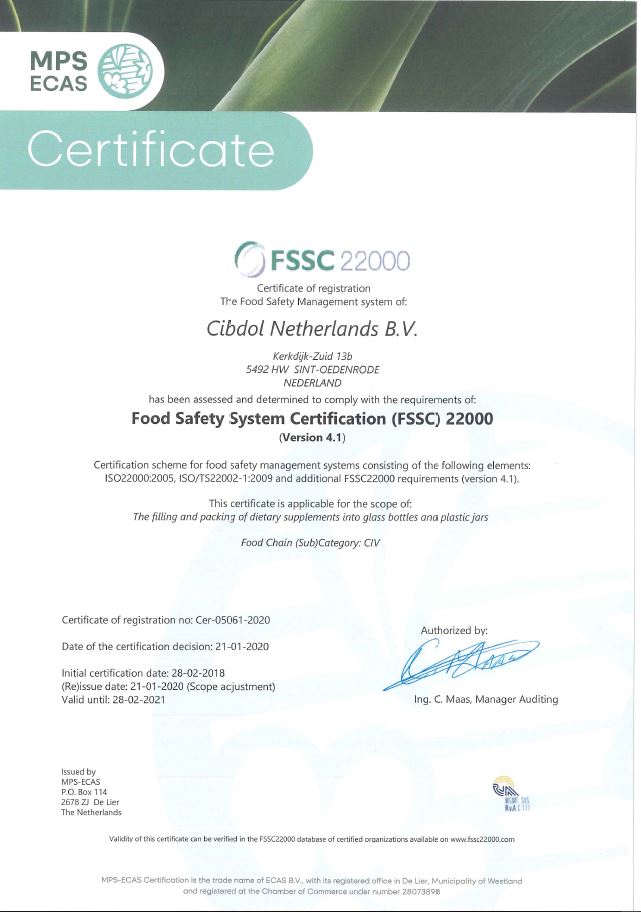 Cibdol quality FSSC certificate